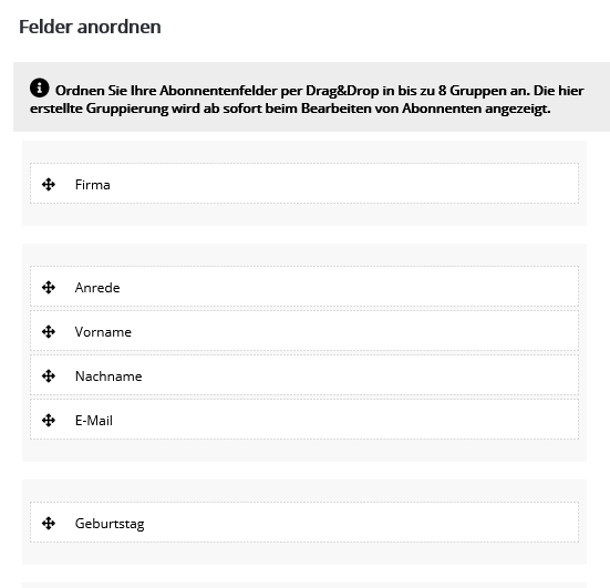 Abonnentenfelder anordnen in ACID21